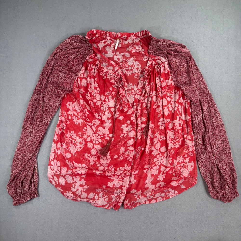 Free People Blouse Womens M Red Excellent Floral Tassel Boho Peasant Top